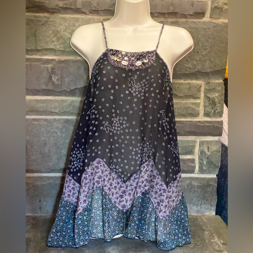 NWOT Free People tunic, cami straps, black and white w/applied shells, XS